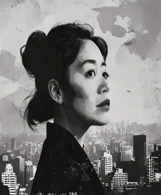 饭岛爱人物艺术肖像，黑白影调，画面呈现一位神情坚定的日本女性，背景为90年代东京都市风光，气质独特而深邃